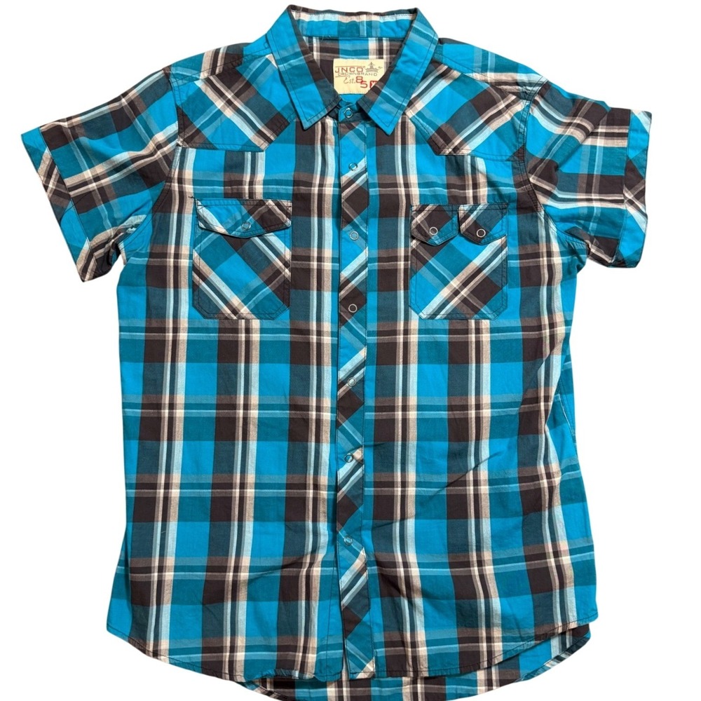JNCO Crown Brand Mens XL Blue Black Plaid Short Sleeve Western Snap Button Shirt